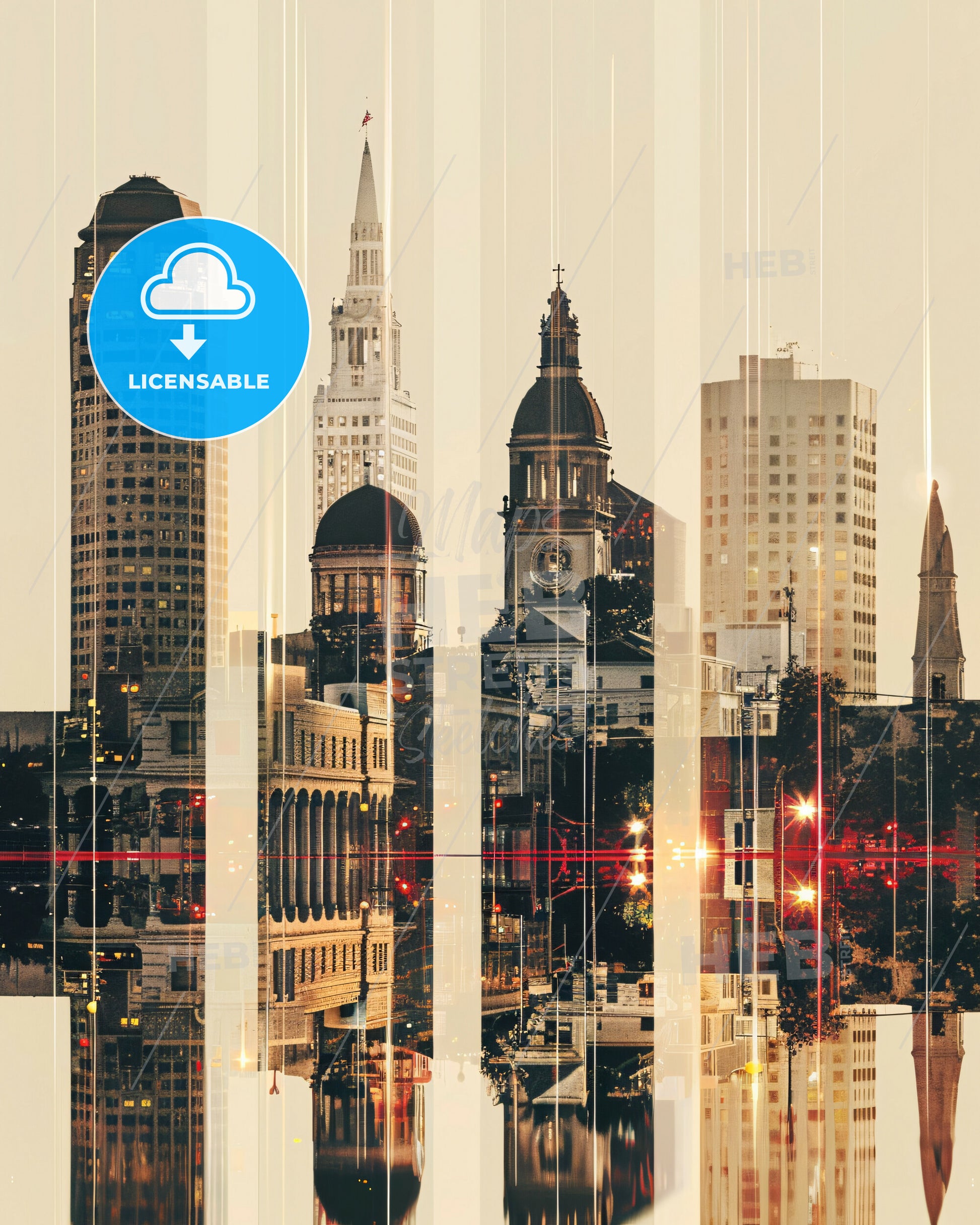 Hayward City Skyline Artwork - Double Exposure Composite - A city skyline with tall buildings and a reflection of the water