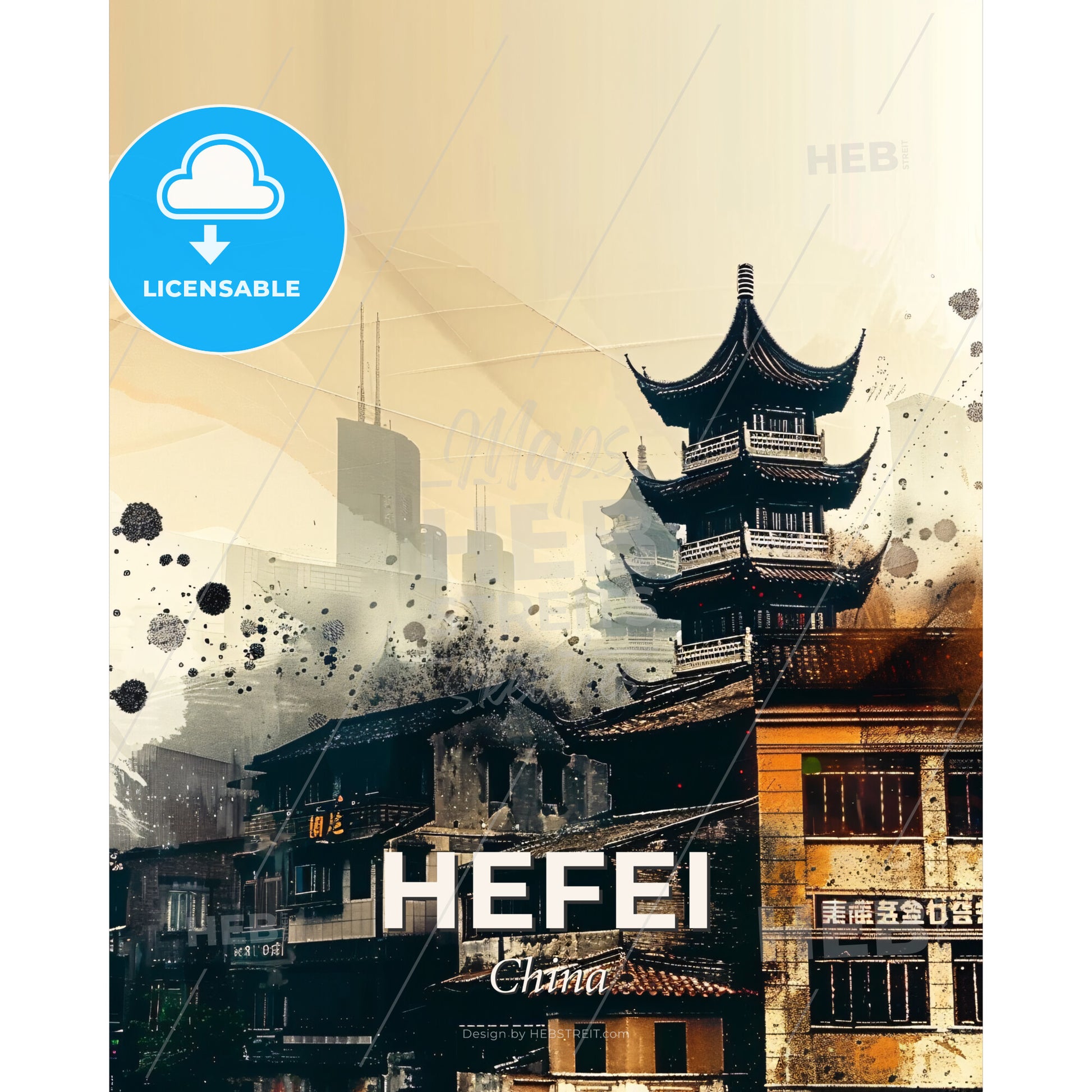 Hefei Skyline Composite Art Poster - A building with a tower - Square format print template