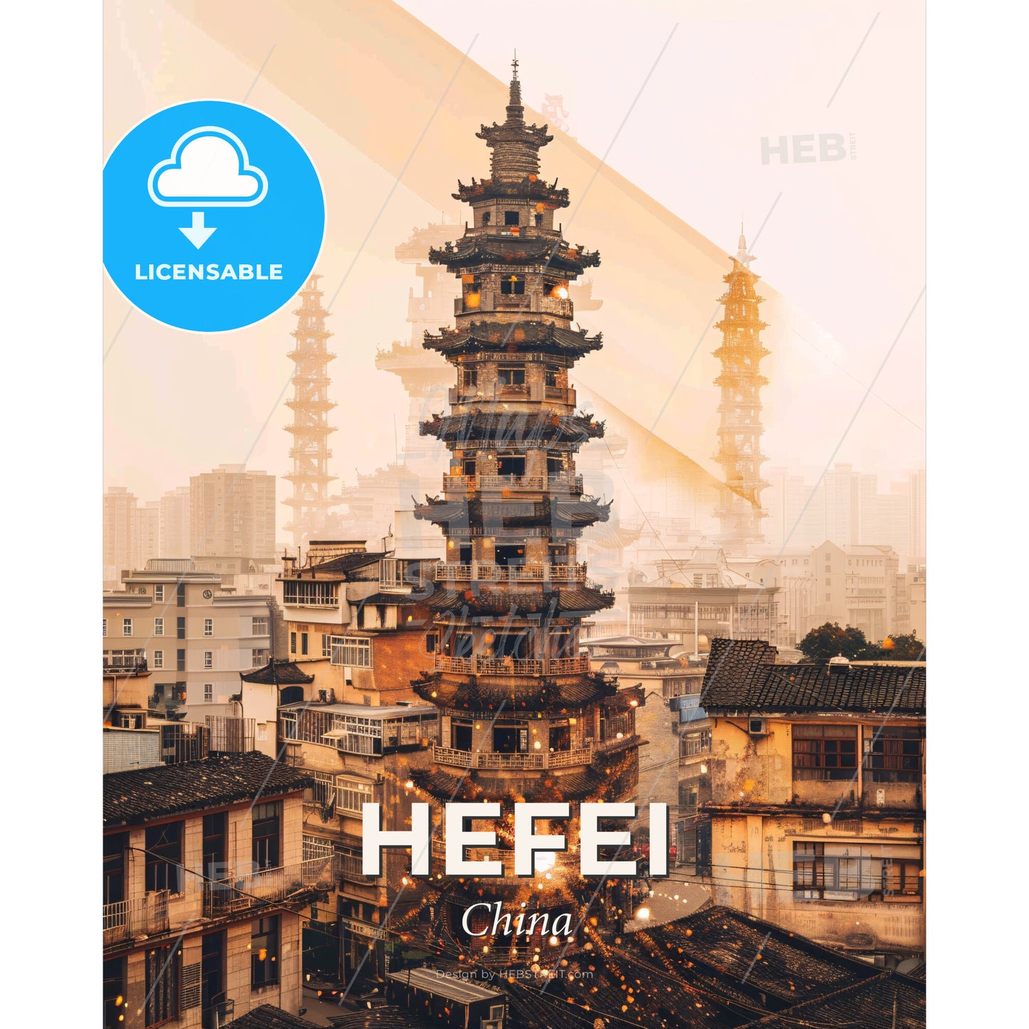 Hefei City Skyline Art Print With Sparks - A tall building with many windows and a few towers - Square format print template