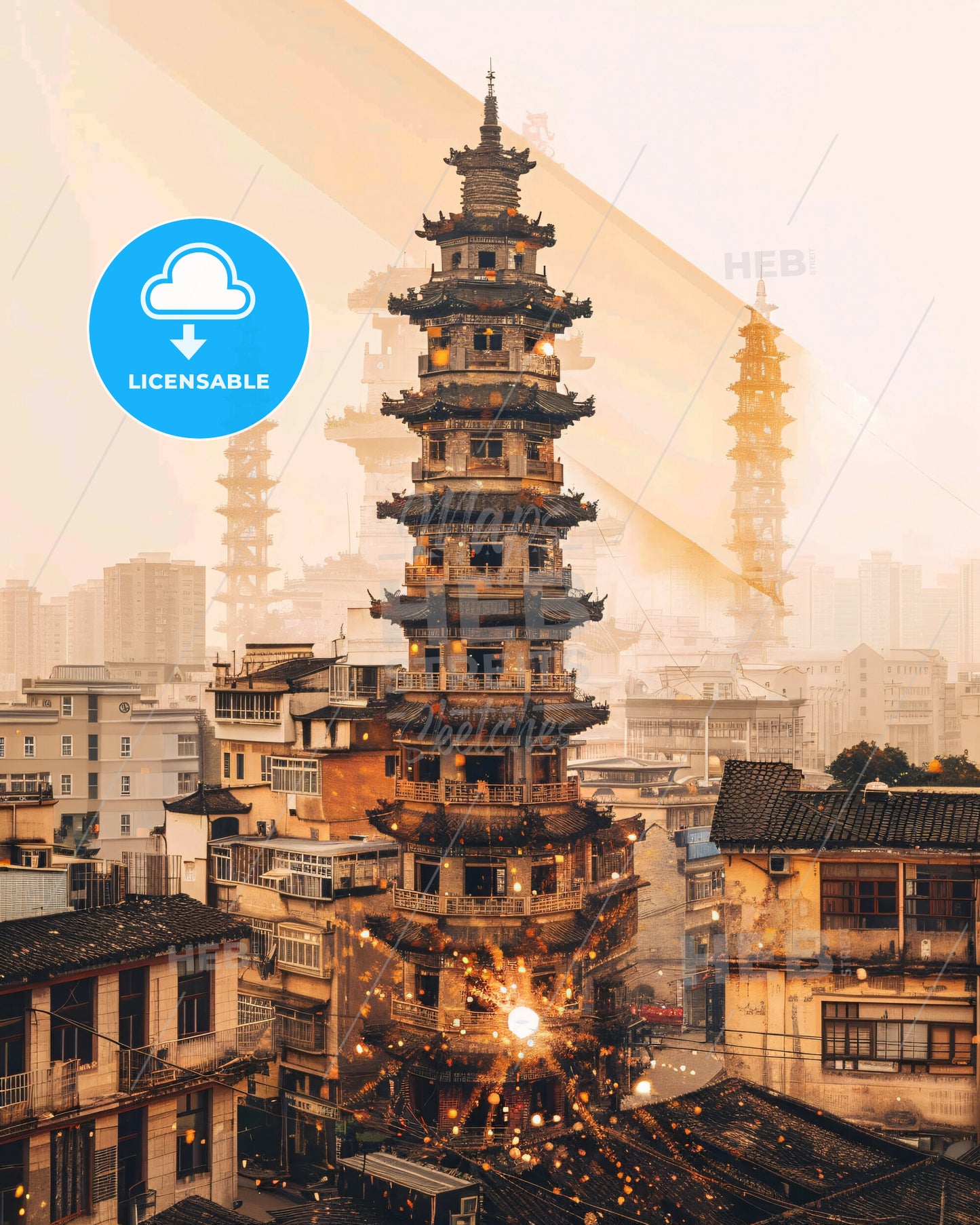 Hefei City Skyline Art Print With Sparks - A tall building with many windows and a few towers