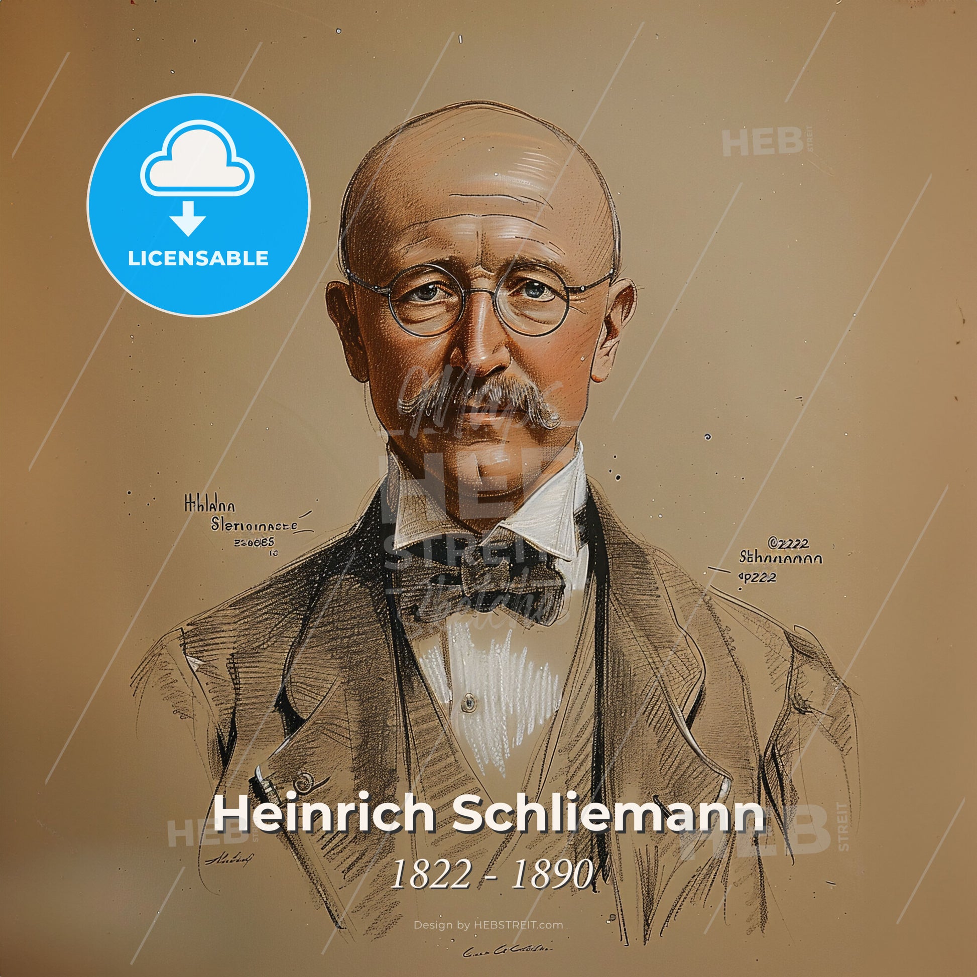 Heinrich Schliemann, 1822 - 1890, German archaeologist - A Man With A Mustache Wearing Glasses And A Bow Tie Print Template