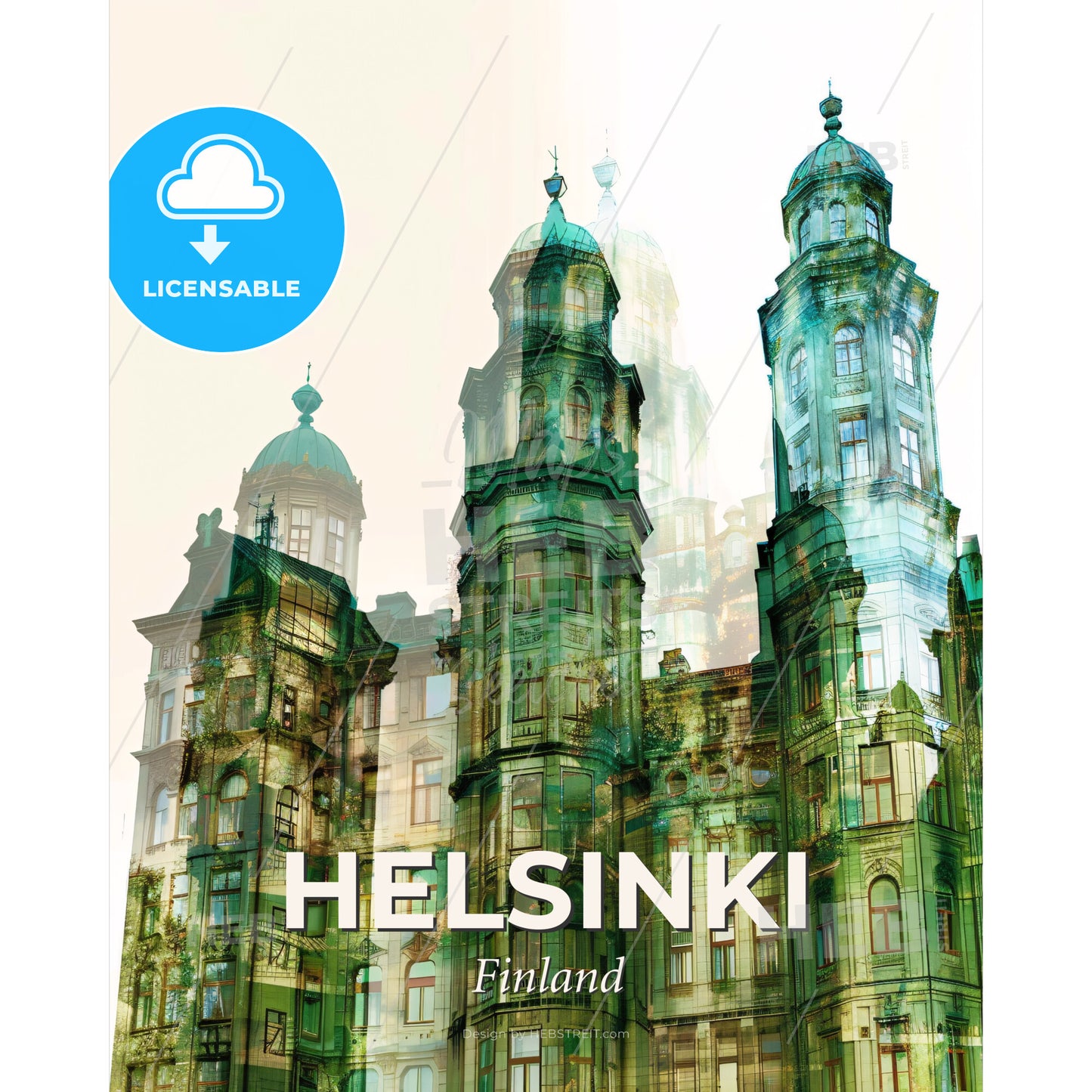Helsinki Skyline Beige Lightscape Poster - A building with many towers - Square format print template
