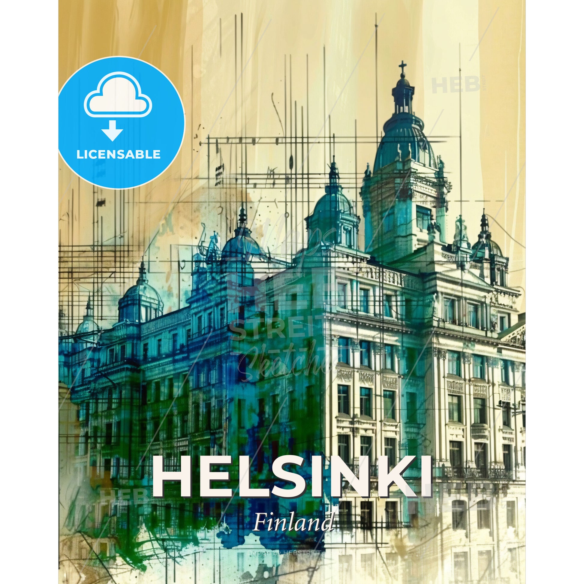 Helsinki Skyline Composite Art Poster - A building with many windows - Square format print template