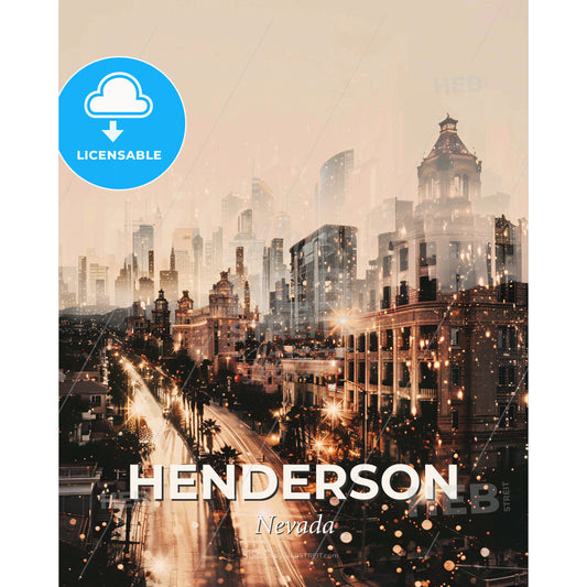 Henderson Skyline Composite Art, Beige, Bright - A city with many buildings and trees - Square format print template