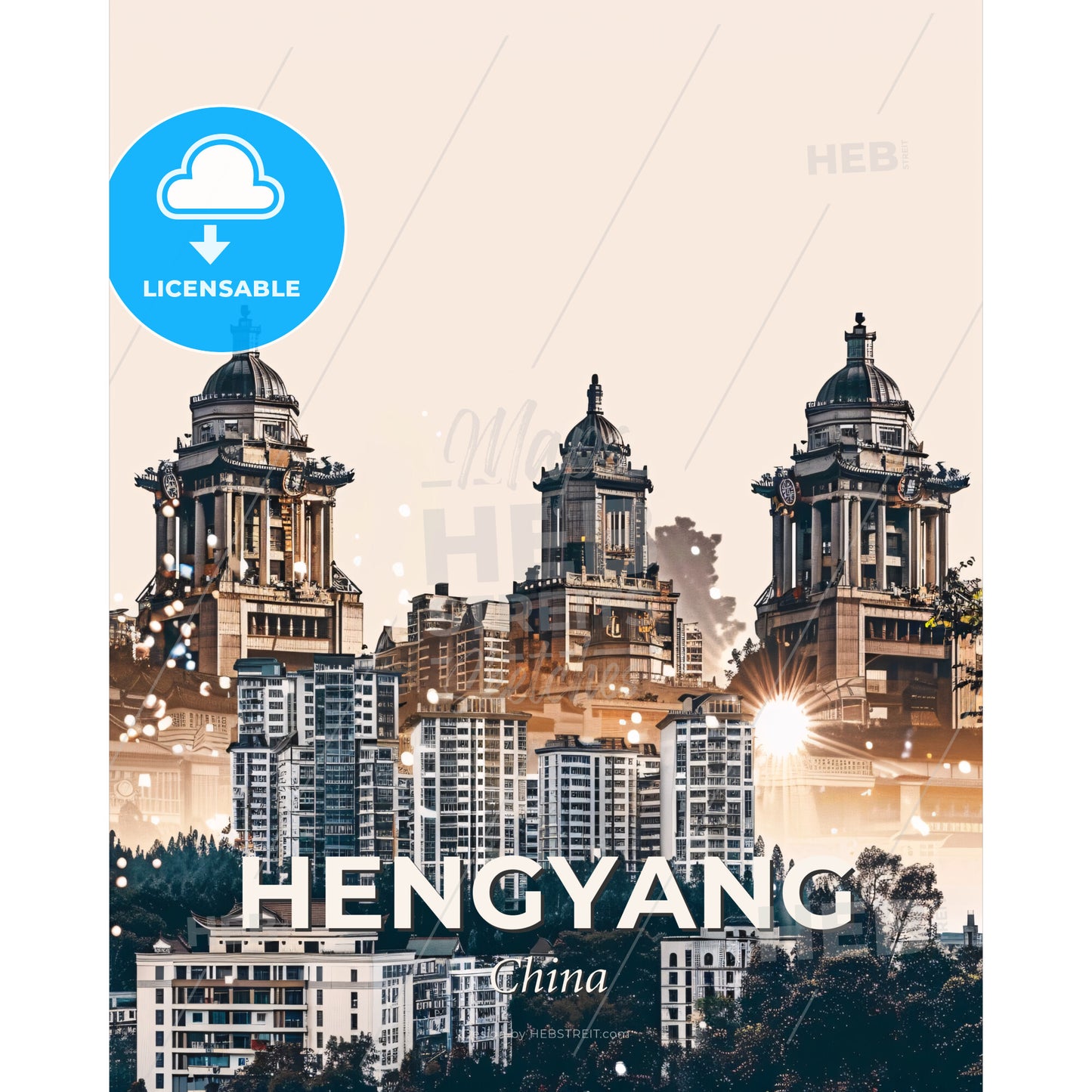 Hengyang Skyline: Local Architecture in Vibrant Hues - A city skyline with many tall buildings - Square format print template
