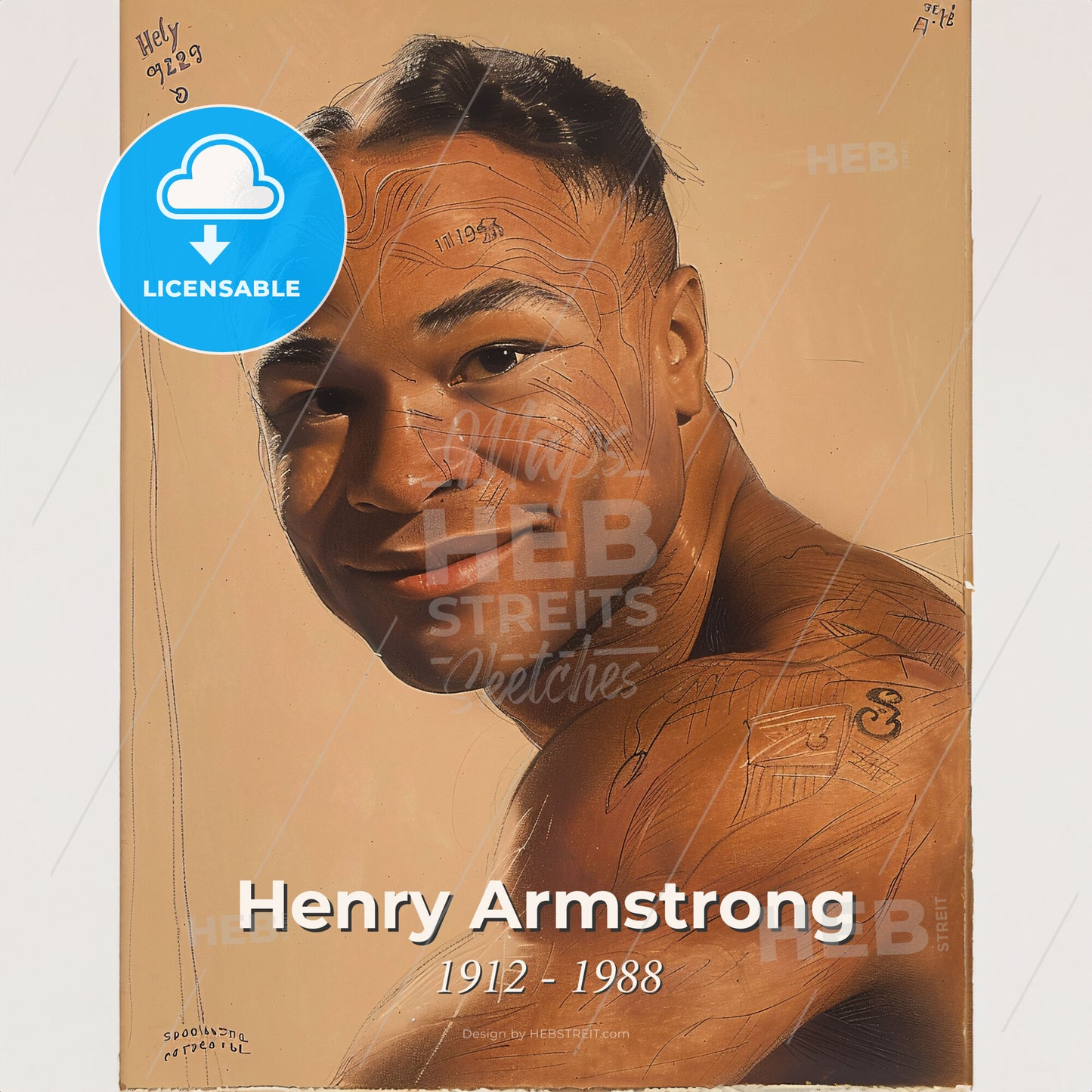 Henry Armstrong, 1912 - 1988, American featherweight, lightweight, and welterweight boxer - A Man Smiling With Lines Drawn On His Face Print Template