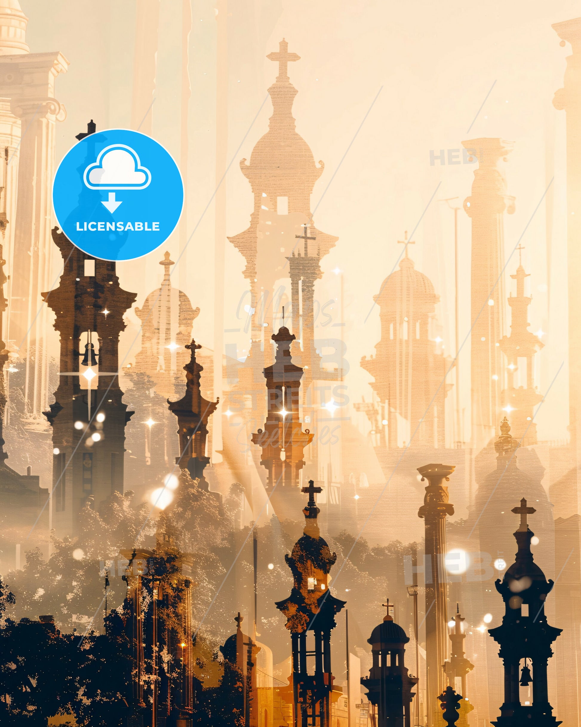 Heraklion City Skyline Double Exposure Poster - A group of tall buildings with crosses on top