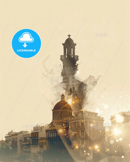 Heraklion Skyline Double Exposure Composite Art Poster - A city with a tower