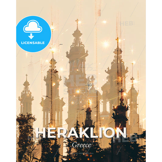 Heraklion: Skyline Double Exposure Silhouette Sparkle Poster - A large building with many spires and trees - Square format print template