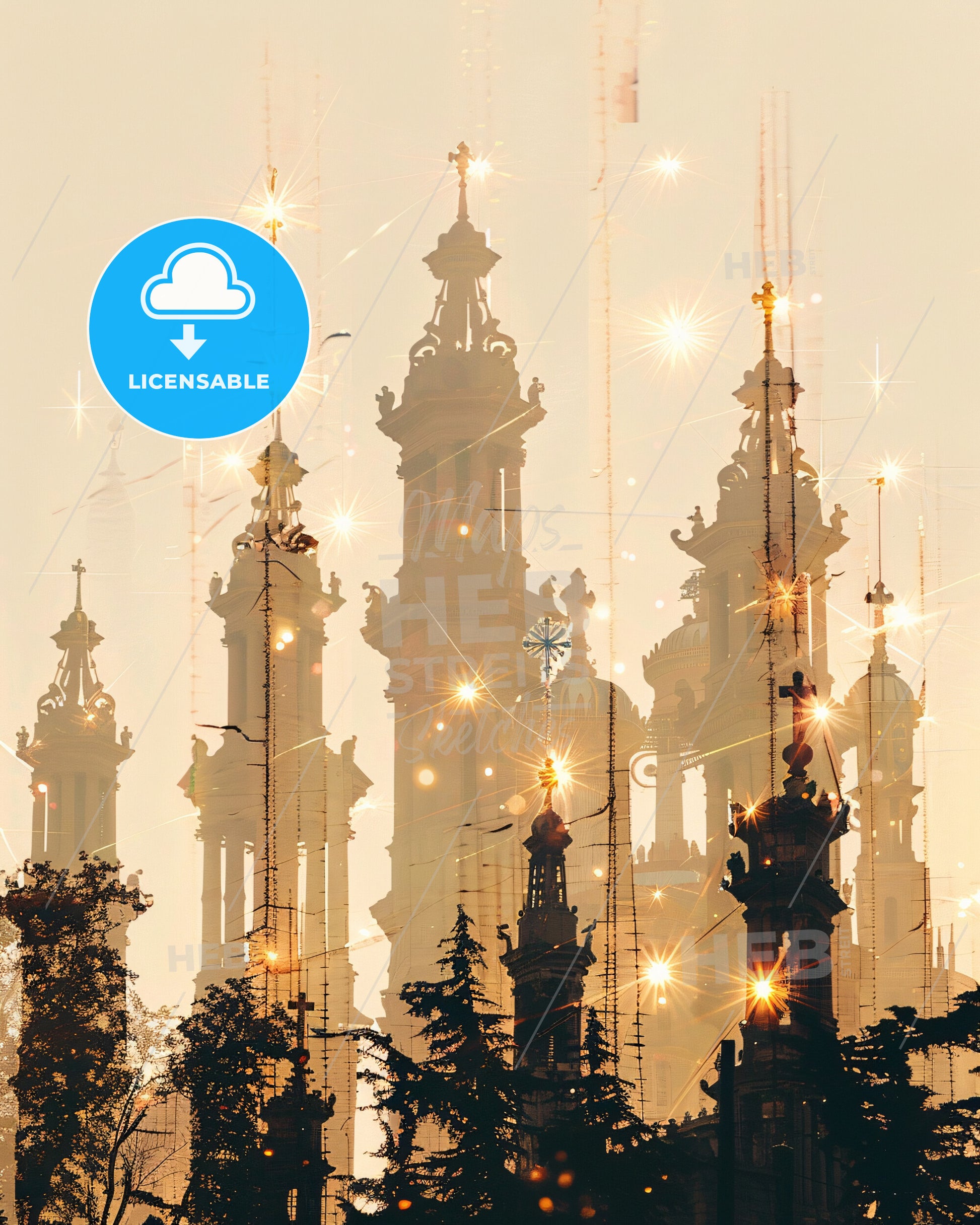 Heraklion: Skyline Double Exposure Silhouette Sparkle Poster - A large building with many spires and trees