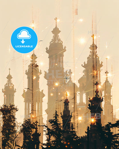 Heraklion: Skyline Double Exposure Silhouette Sparkle Poster - A large building with many spires and trees