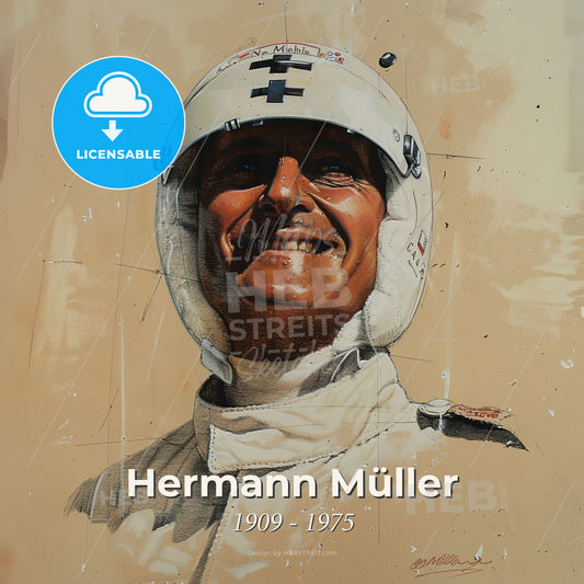 Hermann Müller, 1909 - 1975, German racing driver - A Painting Of A Man Wearing A Helmet Print Template