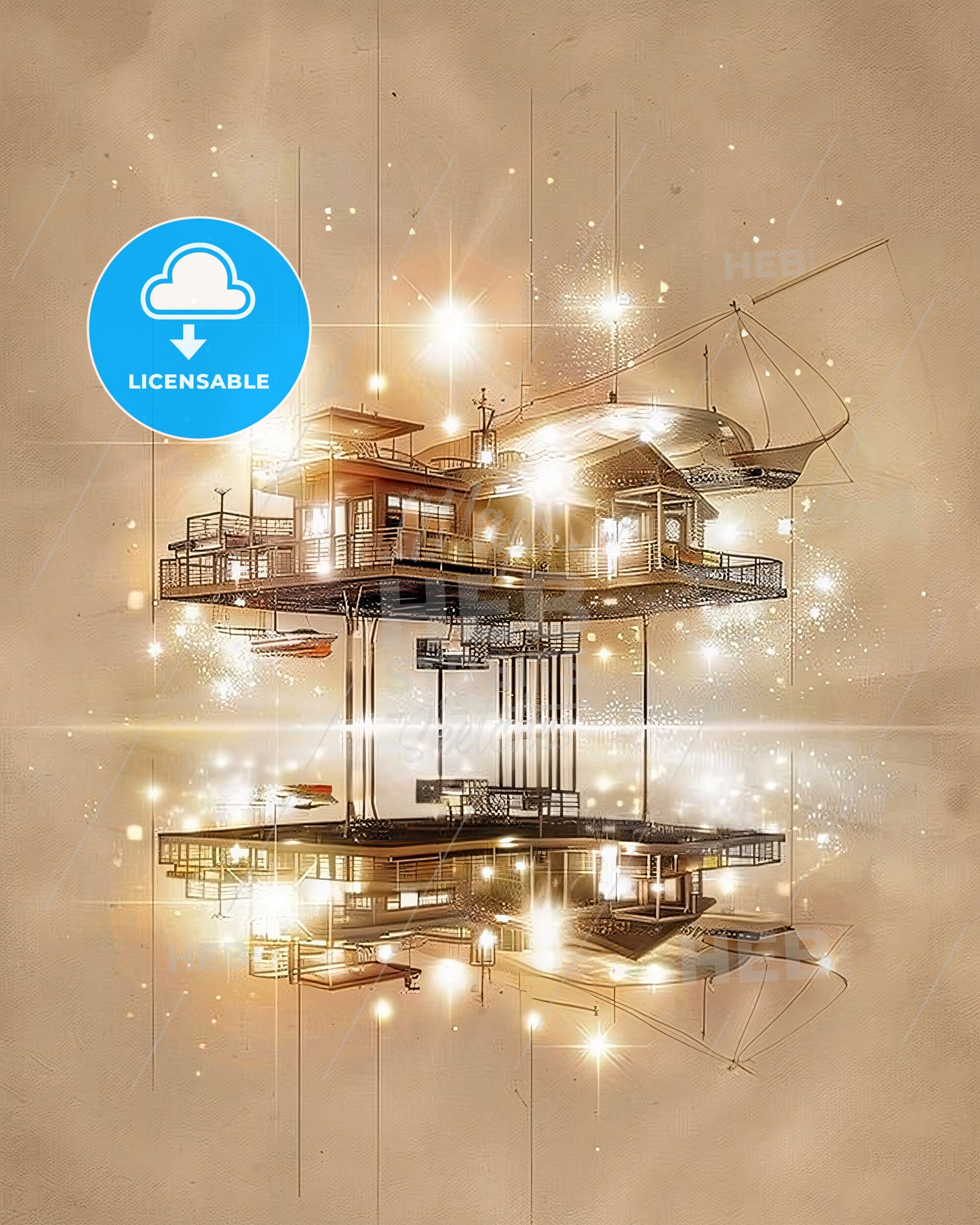 Hervey Bay Skyline Double Exposure Composite Art - A floating house with lights