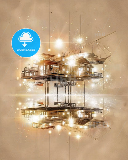 Hervey Bay Skyline Double Exposure Composite Art - A floating house with lights