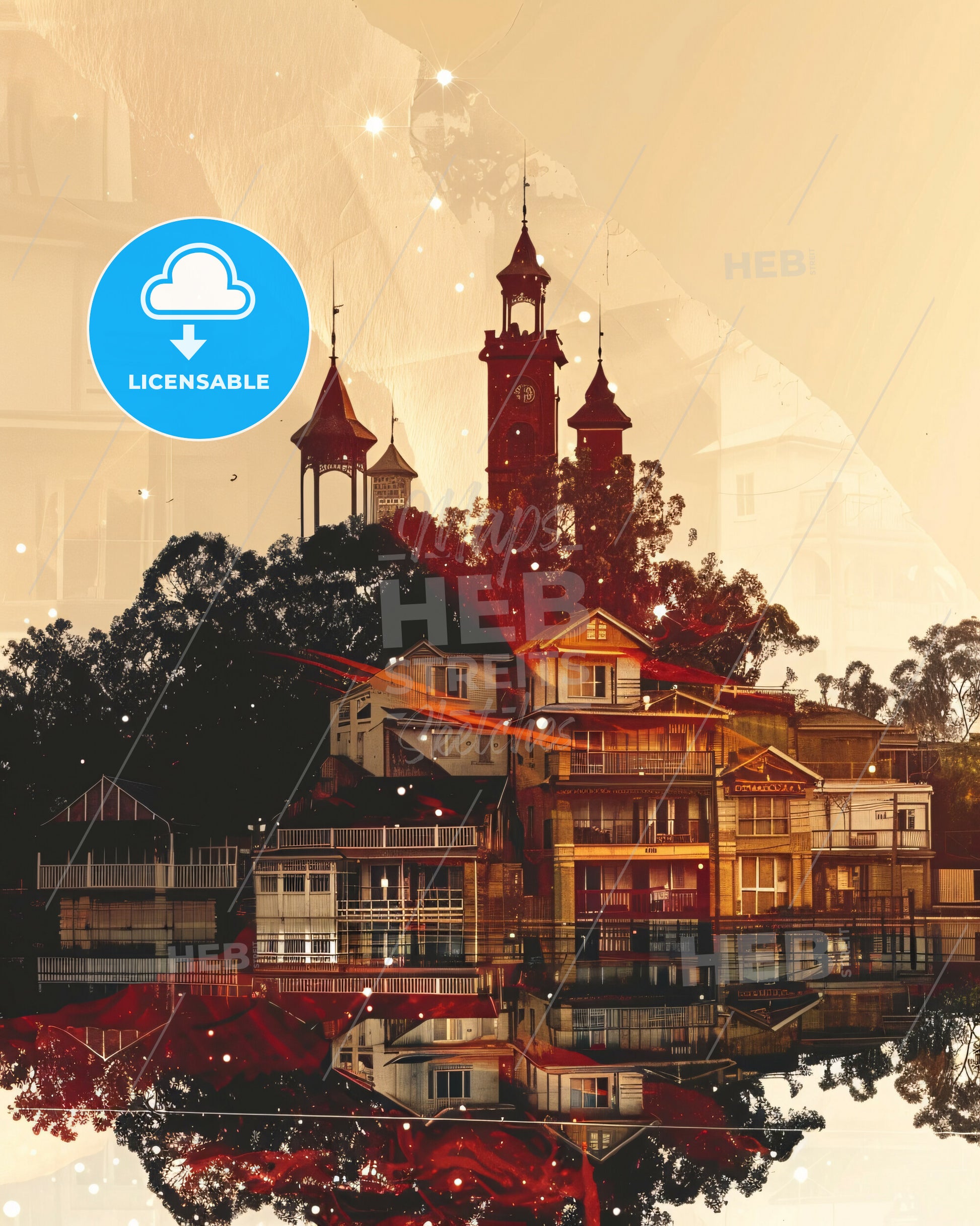 Hervey Bay Double Exposure Composite Skyline Art - A building with towers and trees