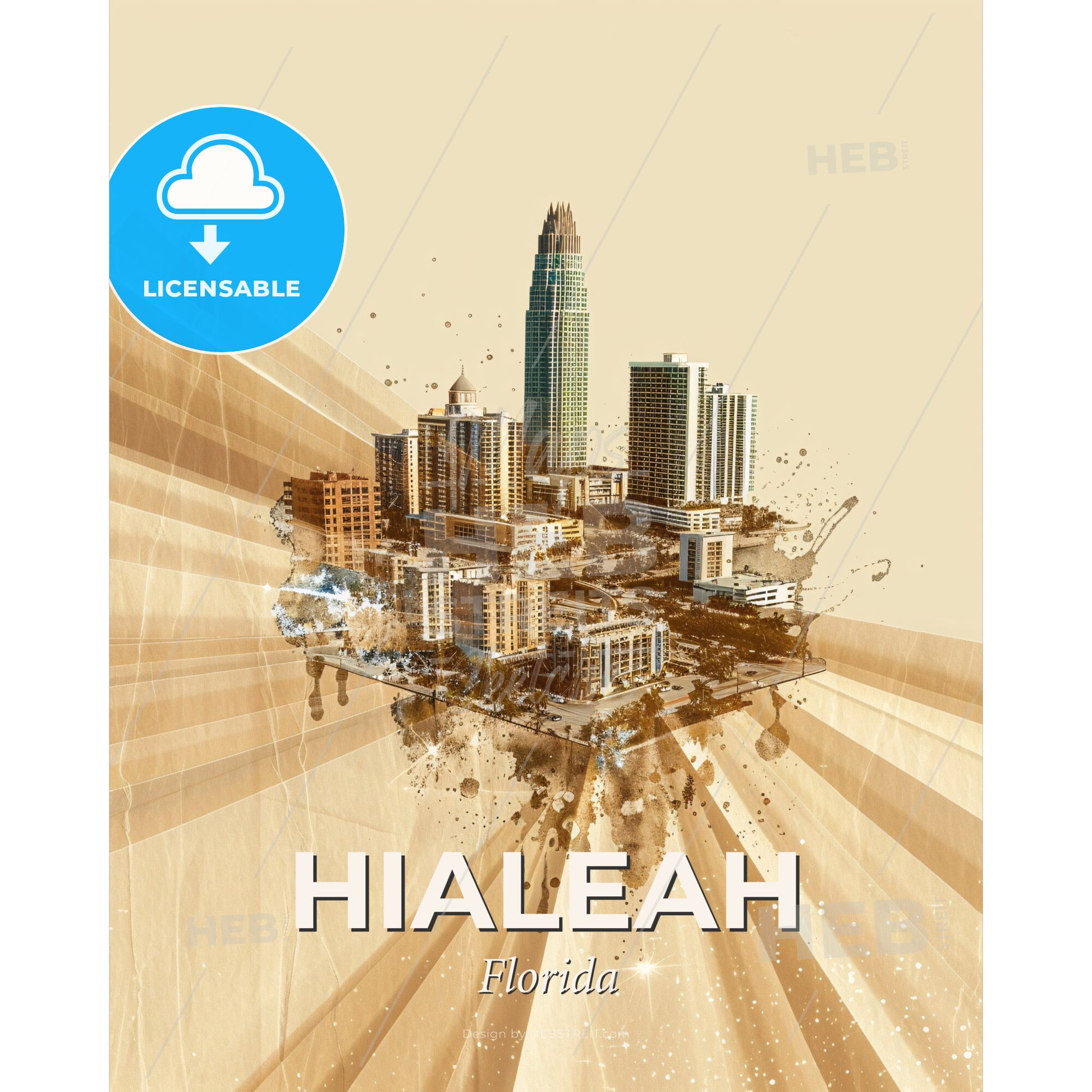 Hialeah Skyline Composite Art with Shimmering Accents - A city with many buildings - Square format print template