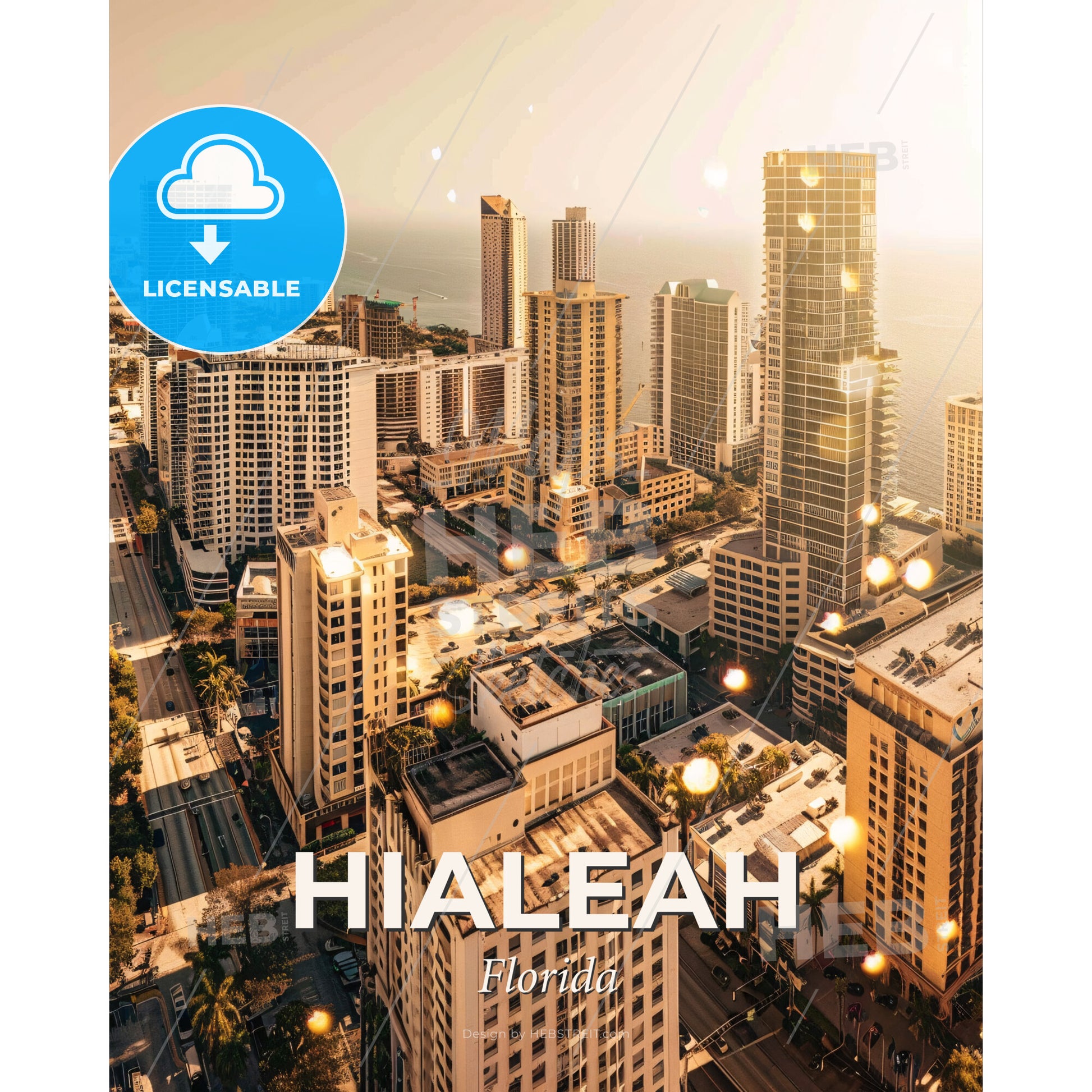 Hialeah City Skyline Double Exposure Art - A city with many tall buildings and a body of water - Square format print template
