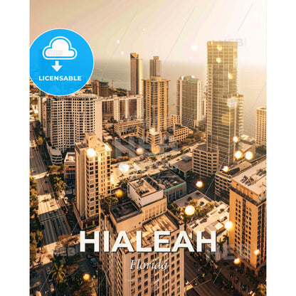 Hialeah City Skyline Double Exposure Art - A city with many tall buildings and a body of water - Square format print template