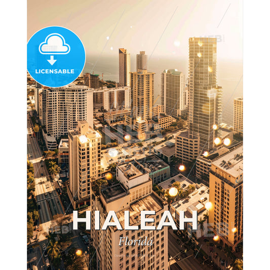 Hialeah City Skyline Double Exposure Art - A city with many tall buildings and a body of water - Square format print template