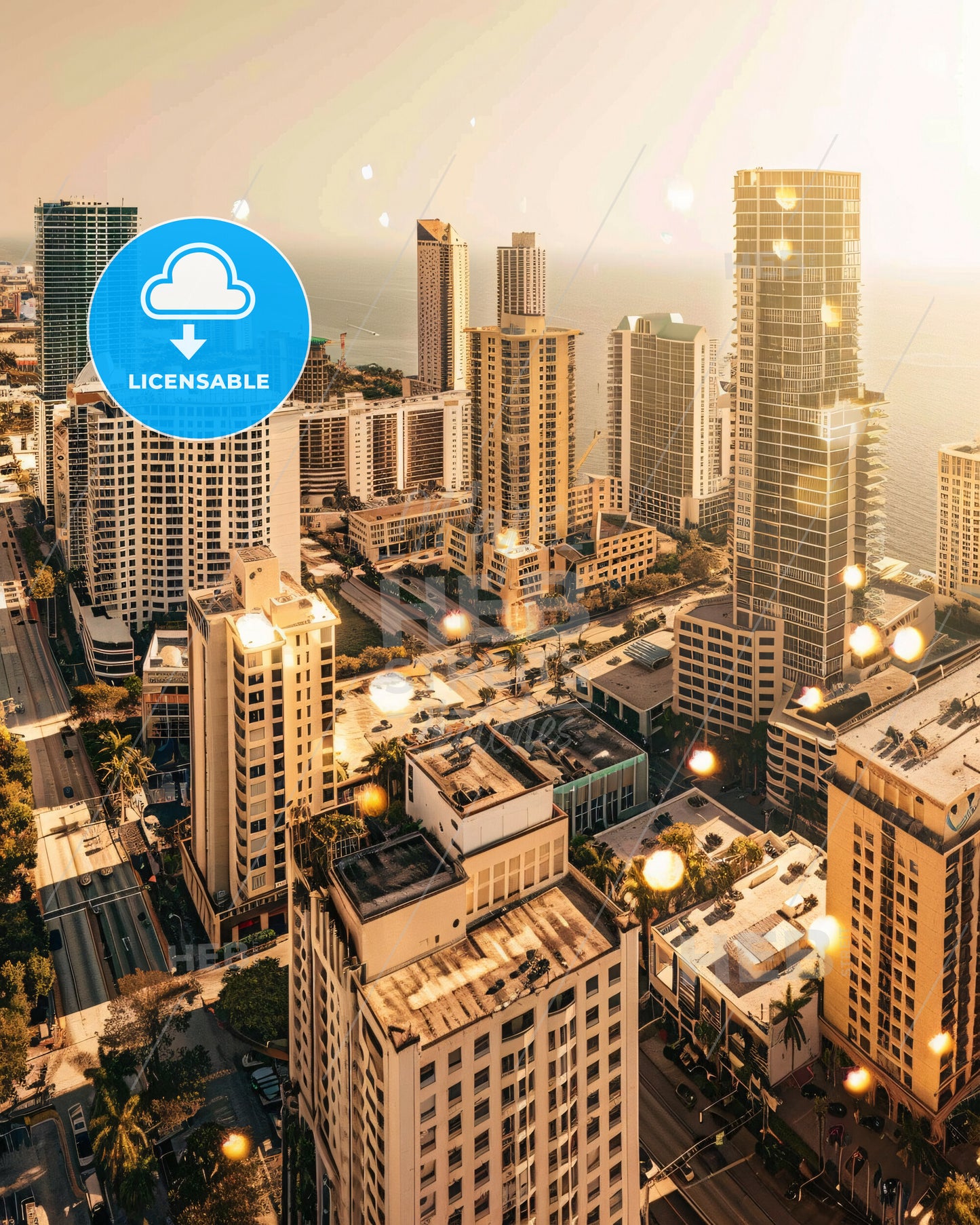 Hialeah City Skyline Double Exposure Art - A city with many tall buildings and a body of water