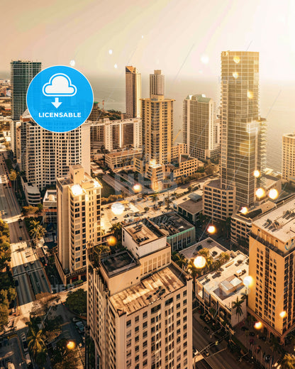 Hialeah City Skyline Double Exposure Art - A city with many tall buildings and a body of water