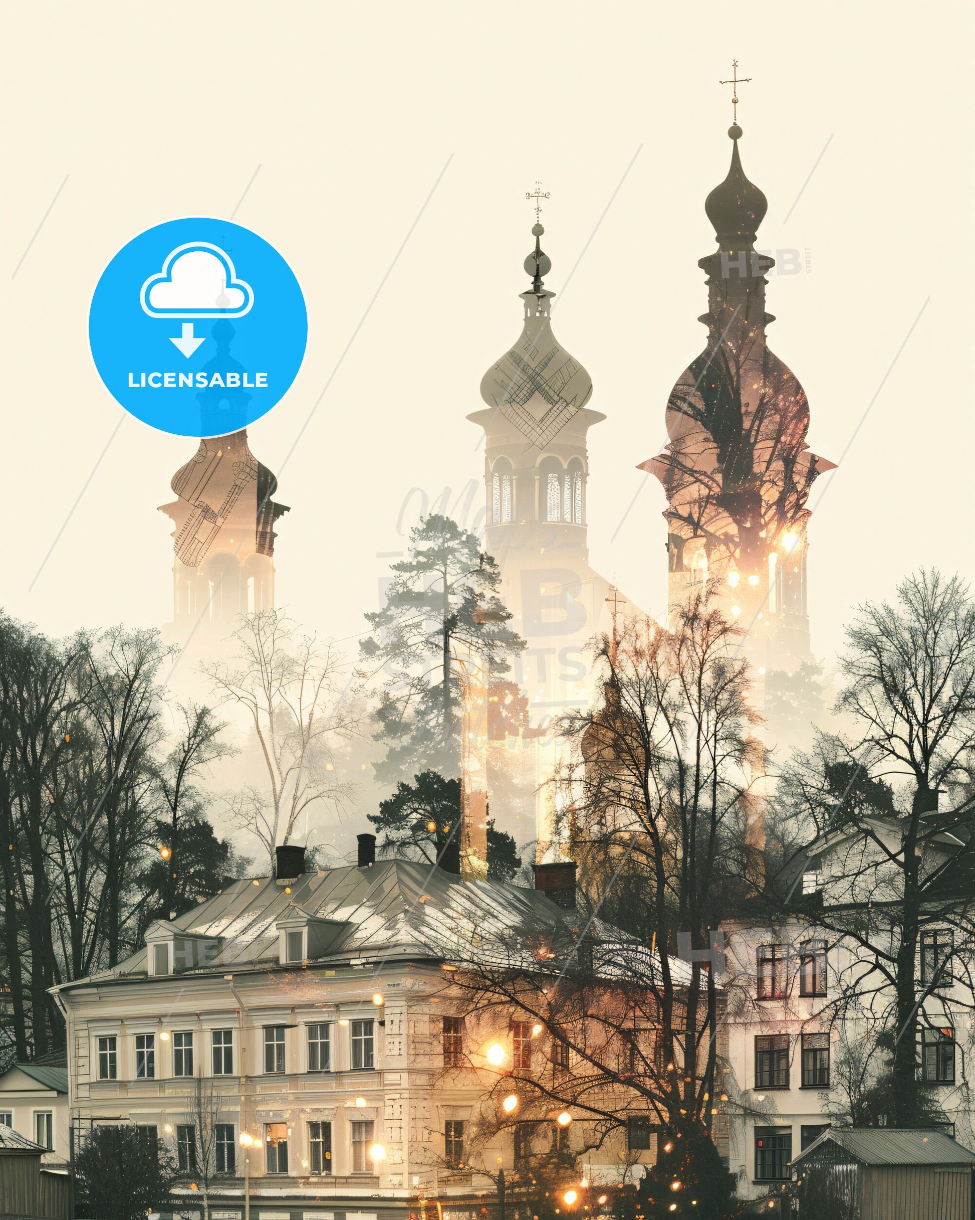Hiiumaa, Estonia: Skyline Double Exposure Cityscape Glow - A group of buildings with towers and trees