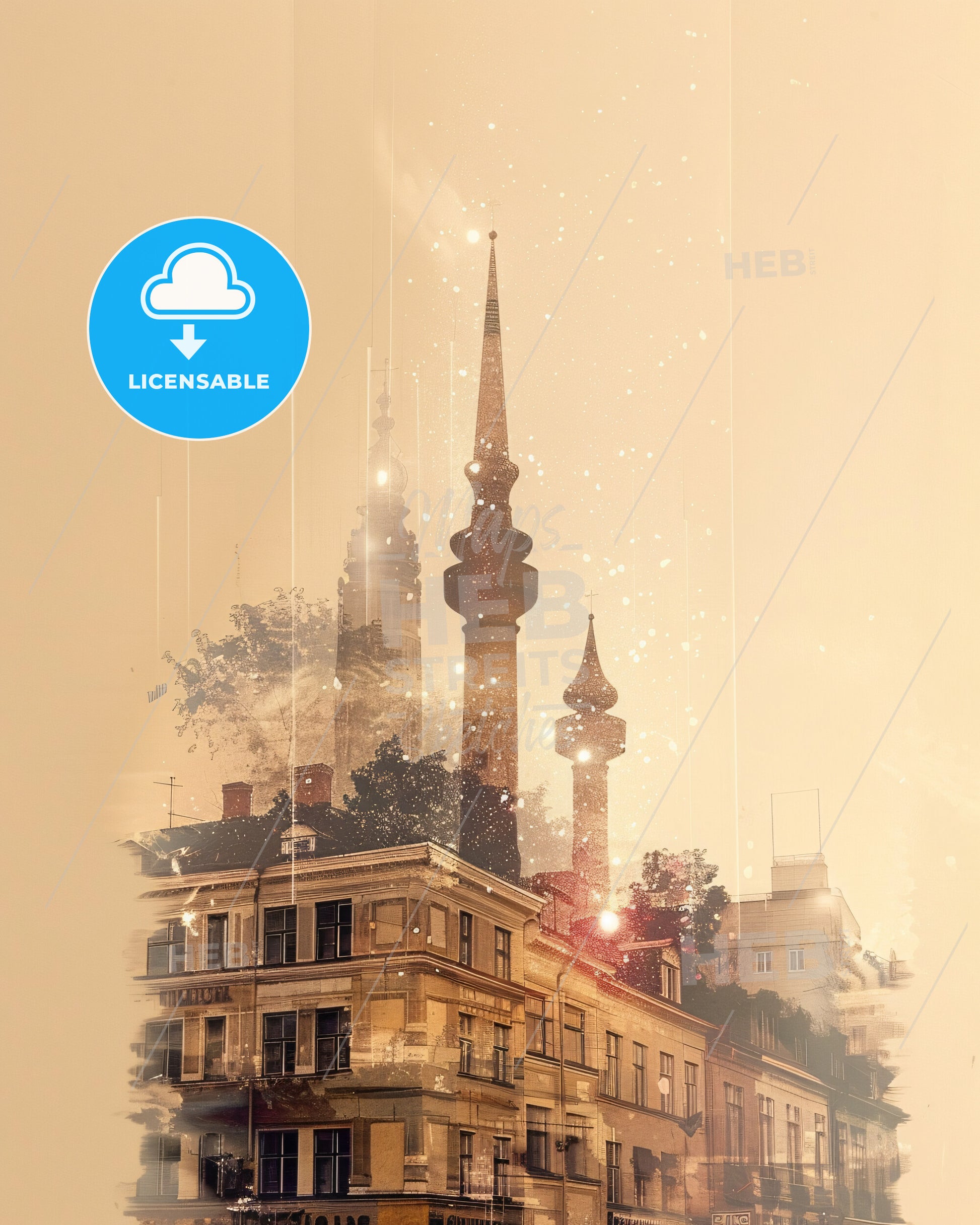 Hiiumaa Skyline Composite Art: Bright Beige Little Sparkles - A building with towers and trees