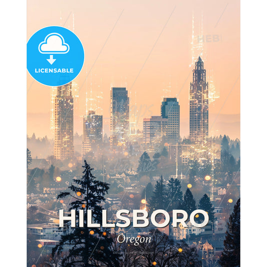 Hillsboro: Skyline in a New Light - A city with many tall buildings and trees - Square format print template