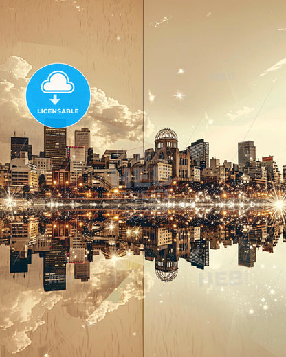 Hiroshima Skyline Icons Beige Composite Artwork - A city with lights reflecting in water