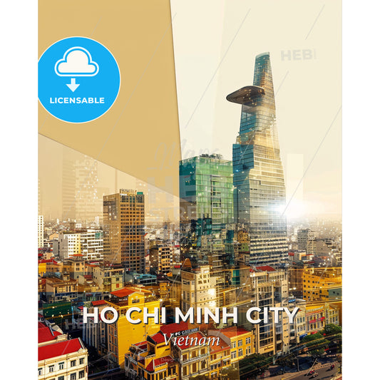 Ho Chi Minh City Skyline Double Exposure Art Poster - A city with many tall buildings - Square format print template