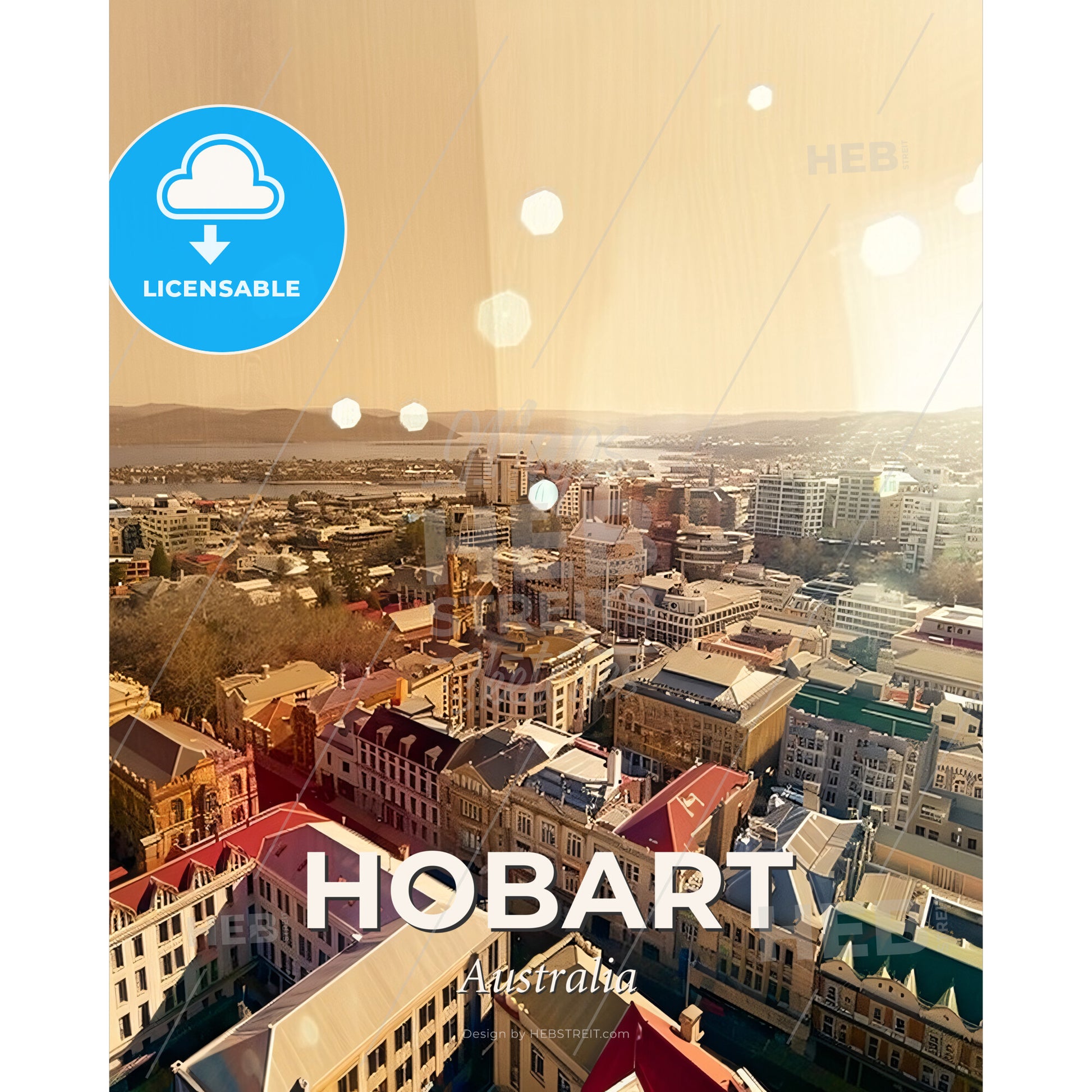 Hobart Skyline Icons Double Exposure Beige Poster - A city with many buildings and a body of water - Square format print template
