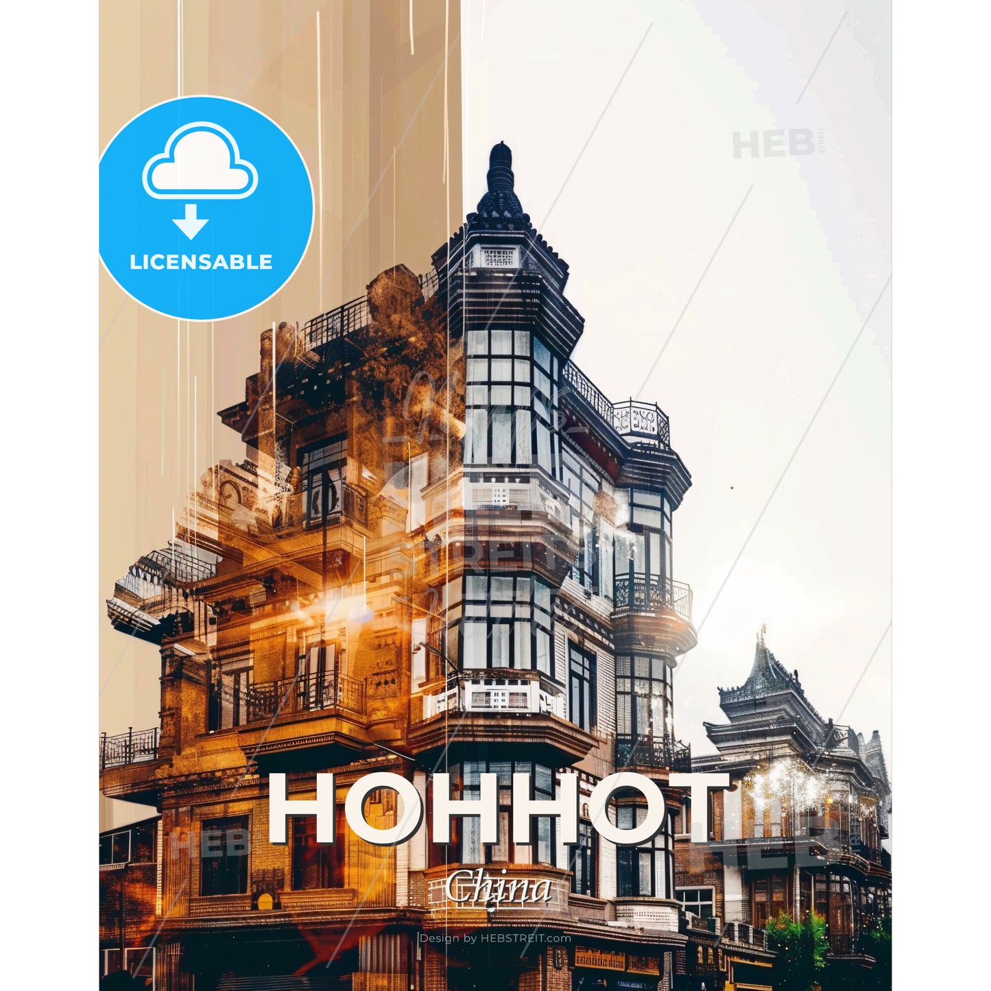 Hohhot Skyline Double Exposure Art Poster - A building with many windows - Square format print template