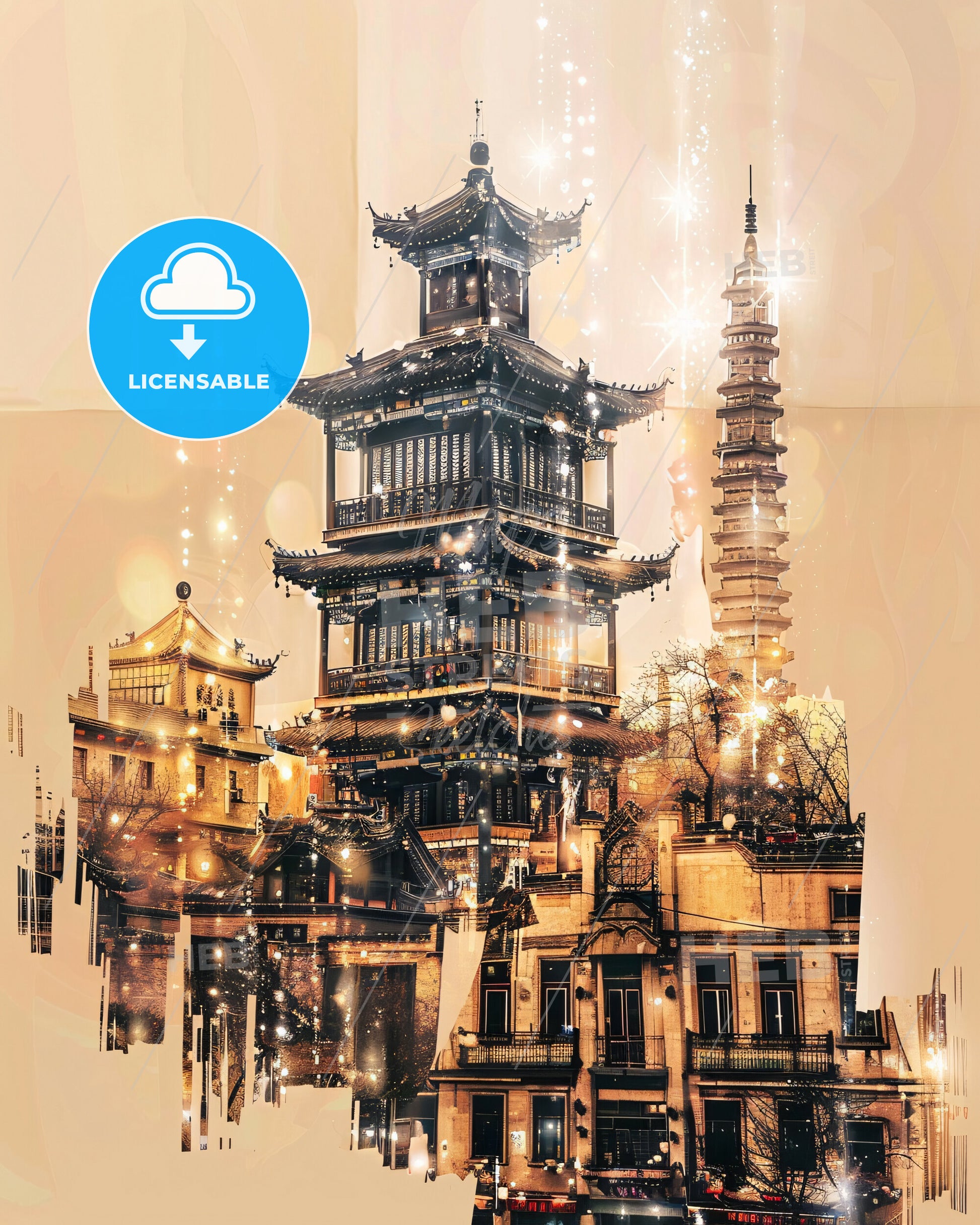 Hohhot Skyline Double Exposure Composite Art - A building with a tower