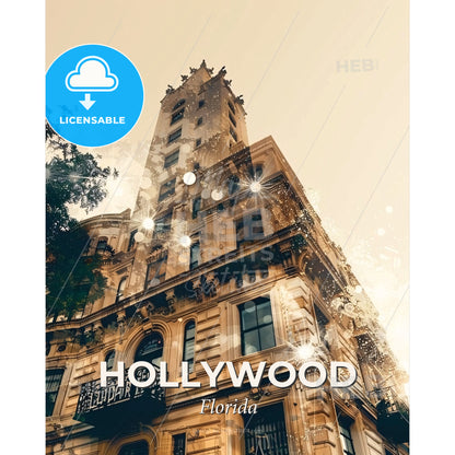 Hollywood Florida Skyline Composite Double Exposure Poster - A tall building with a balcony - Square format print template