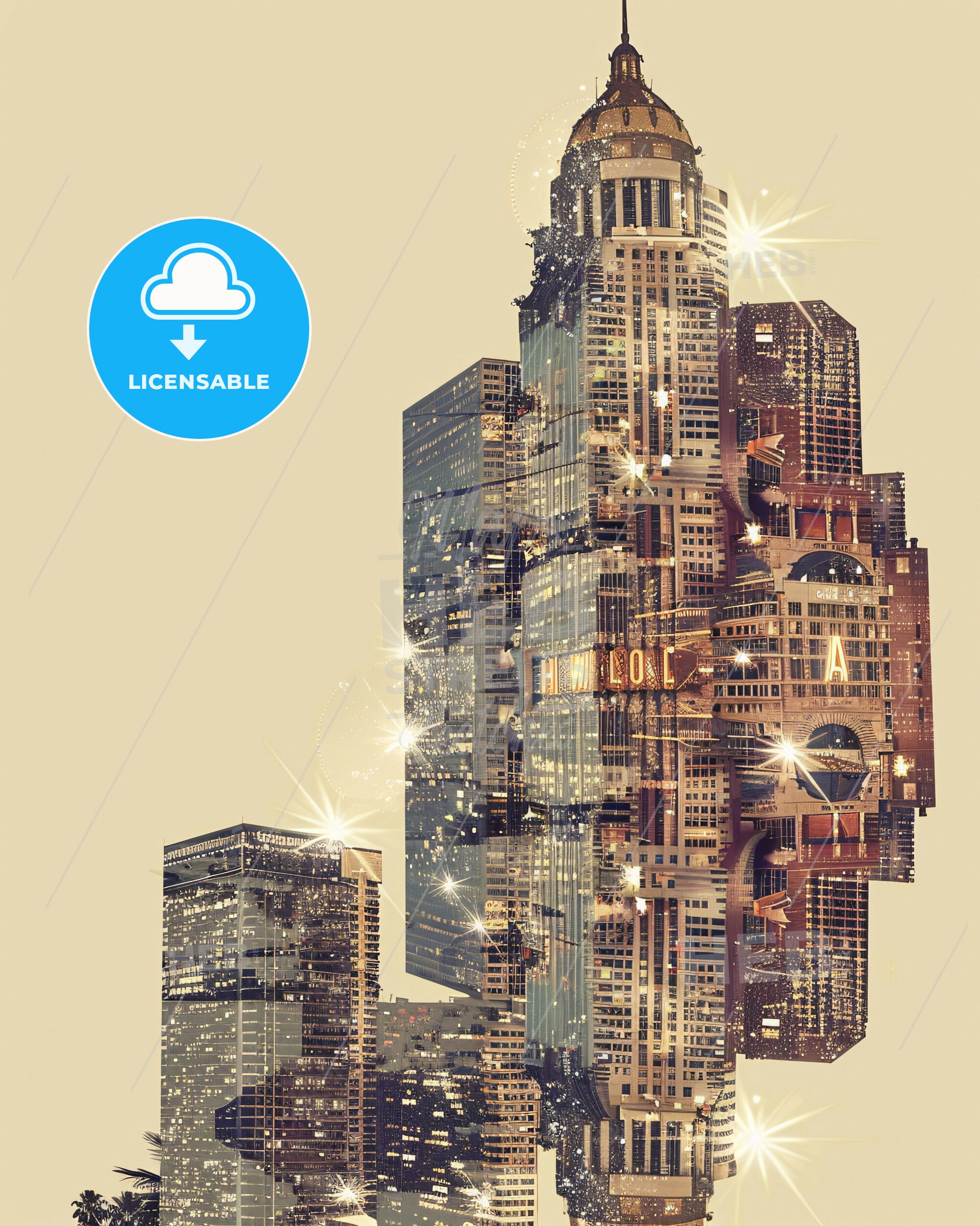 Hollywood's Splendor: Skyline Art with Sparkle - A city skyline with a golden dome