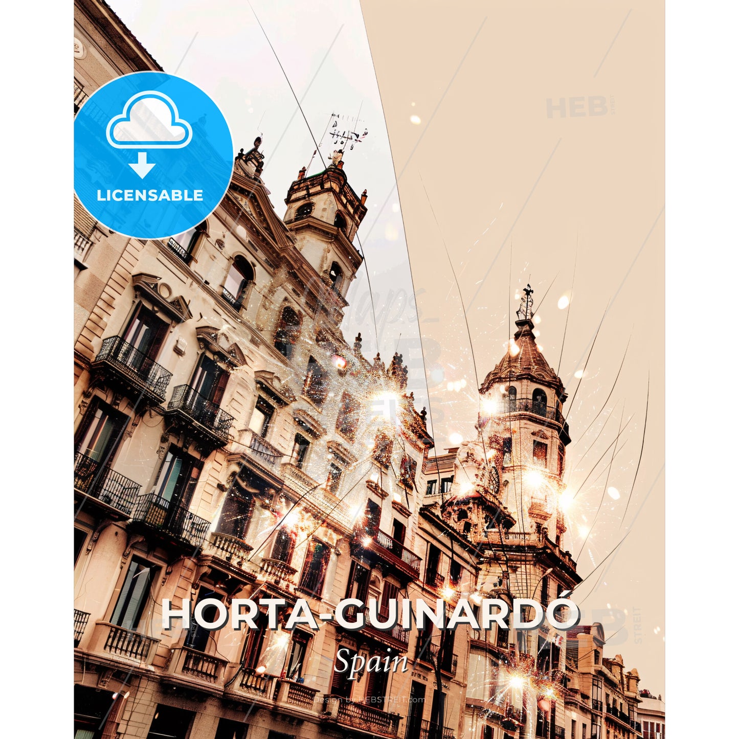 Barcelona skyline double exposure art poster - A building with many windows - Square format print template