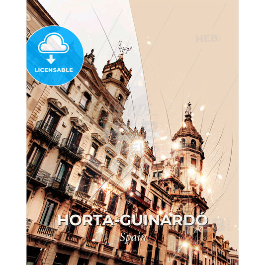 Barcelona skyline double exposure art poster - A building with many windows - Square format print template