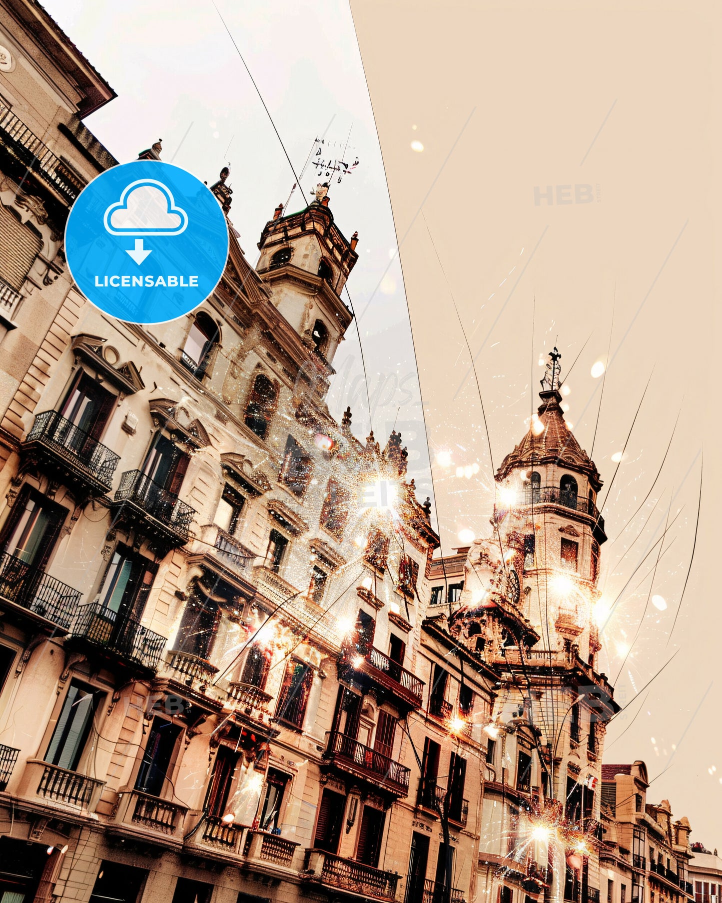 Barcelona skyline double exposure art poster - A building with many windows