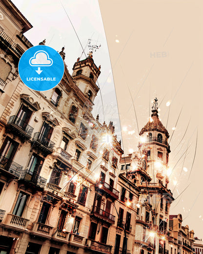 Barcelona skyline double exposure art poster - A building with many windows