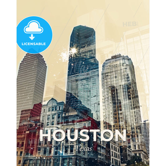 Houston Skyline Vivid Dreamscape Art Poster - A city skyline with many tall buildings - Square format print template