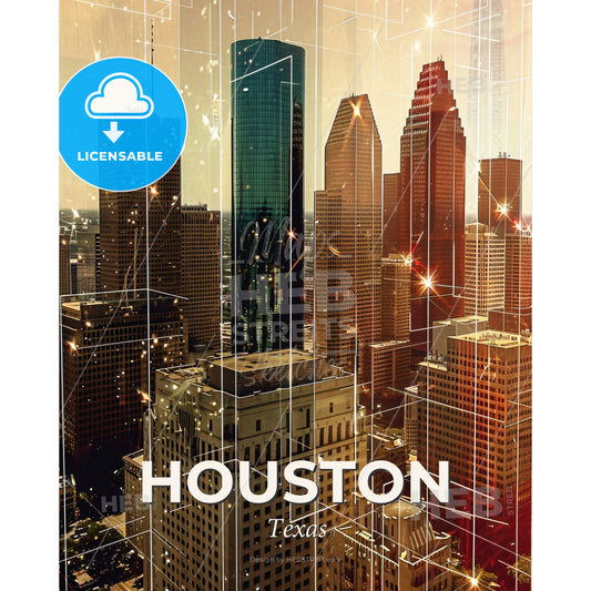 Houston Skyline Composite Art Poster with Sparkles - A city skyline with many tall buildings - Square format print template