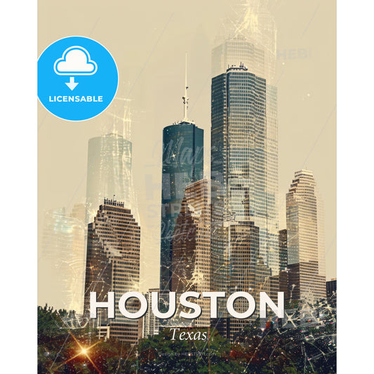 Houston City Skyline Panoramic Cityscape Photography - A city skyline with many tall buildings - Square format print template