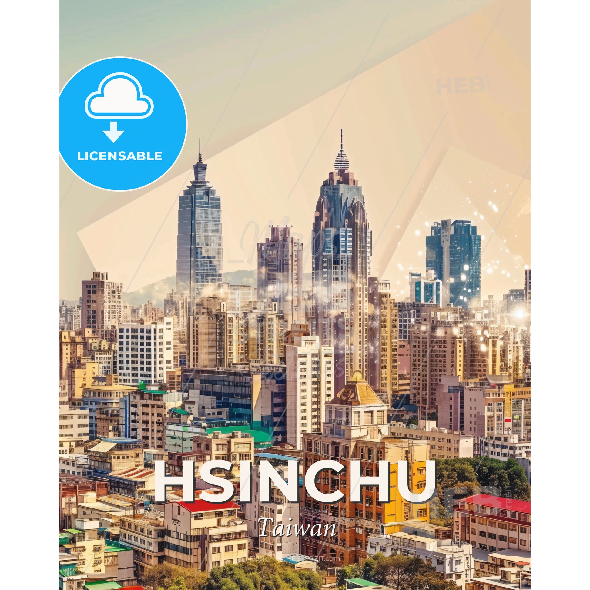 Hsinchu City Skyline Double Exposure Composite Art - A city with many tall buildings - Square format print template