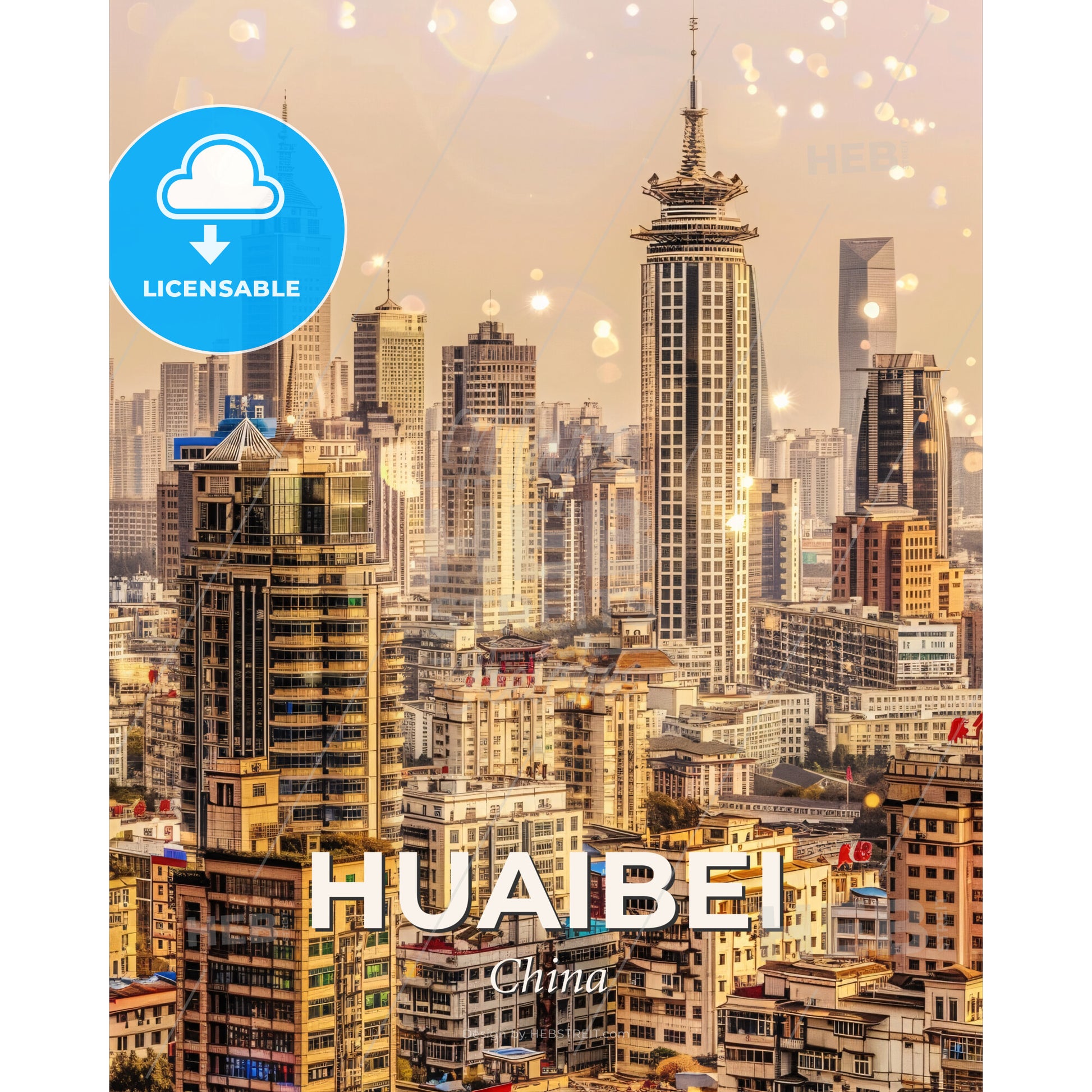 Huaibei Cityscape Composite Art Poster - A city skyline with many tall buildings - Square format print template