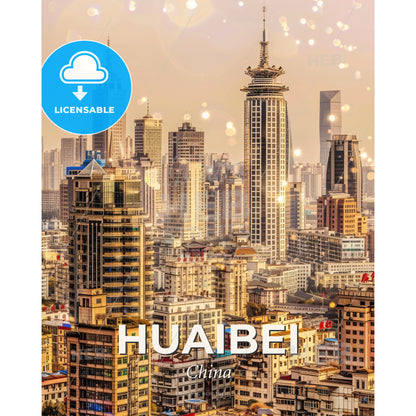Huaibei Cityscape Composite Art Poster - A city skyline with many tall buildings - Square format print template