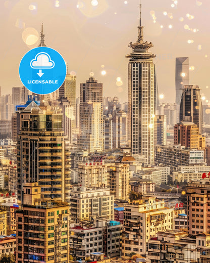 Huaibei Cityscape Composite Art Poster - A city skyline with many tall buildings