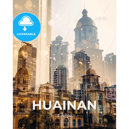 Huainan Skyline Art: Vibrant Beige Iconography - A city with many tall buildings - Square format print template