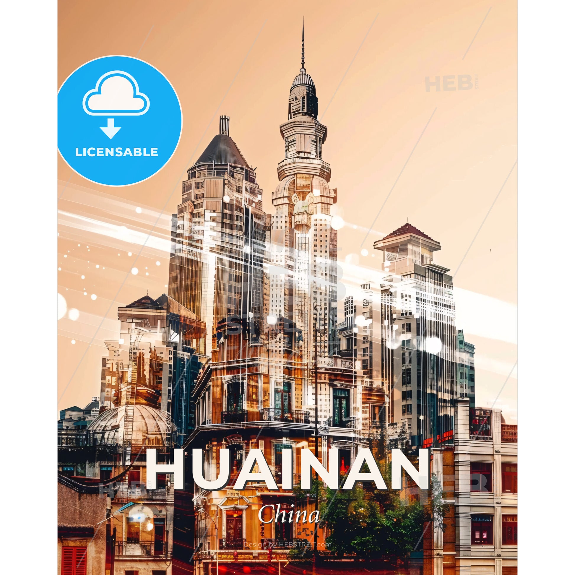 Huainan Architectural Skyline Double Exposure Poster Art - A city with many tall buildings - Square format print template