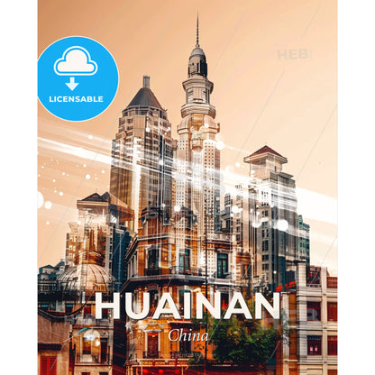 Huainan Architectural Skyline Double Exposure Poster Art - A city with many tall buildings - Square format print template