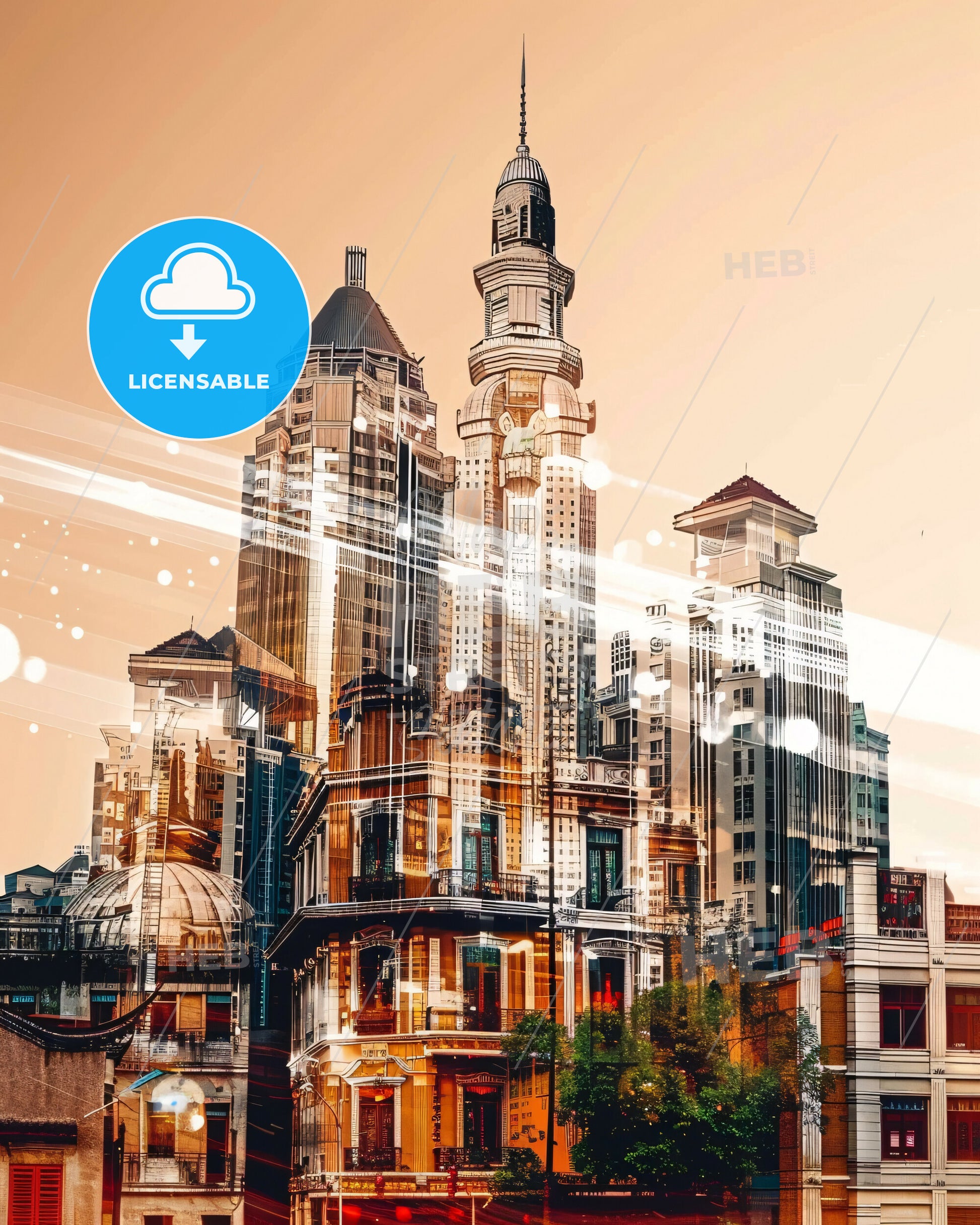 Huainan Architectural Skyline Double Exposure Poster Art - A city with many tall buildings